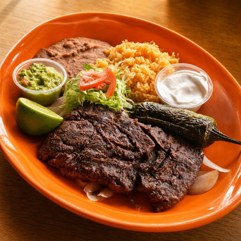 Carne asada lunch plate.