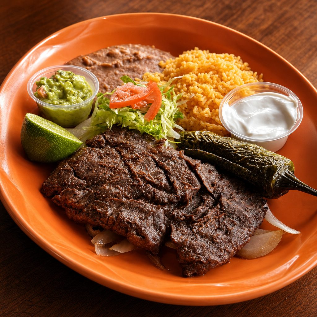 Carne asada lunch plate.